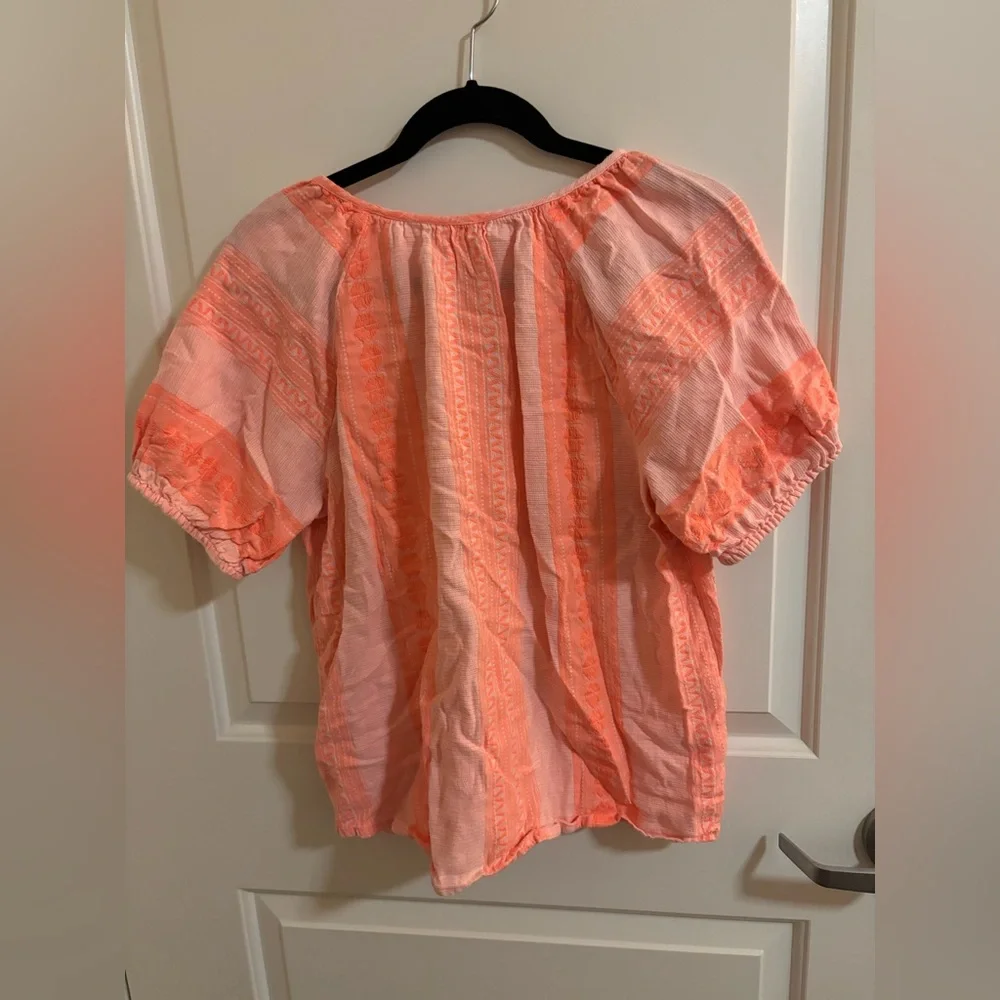Ivy Jane Women's Bright Neon Orange V-Neck Top, puff sleeves & striped pattern - Picture 3 of 3